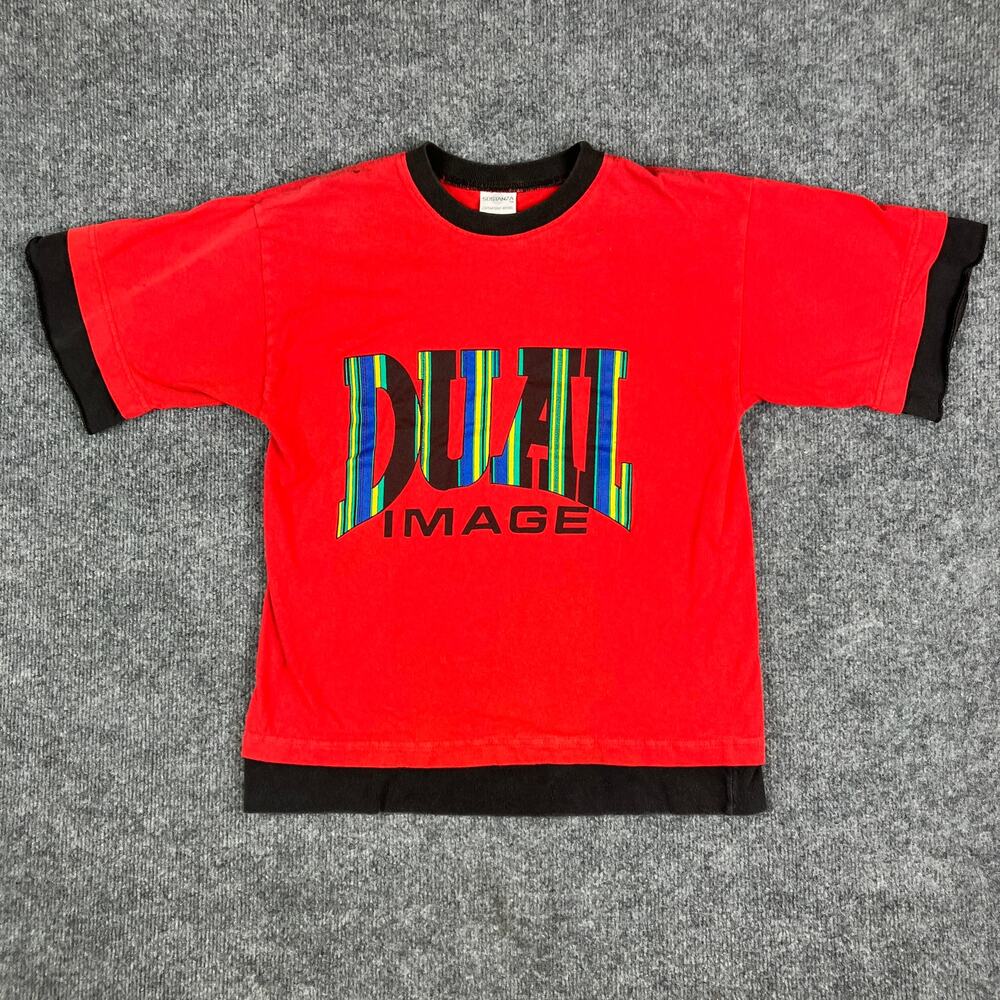 Sostanza T-Shirt Boys Large Red Black Graphic Dual Image Colorblock Vintage
